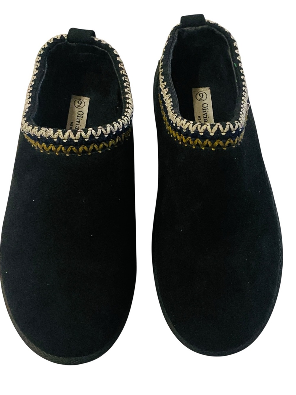 Olivia & Kate Black Suede Slip-On Mules with Contrast Stitching